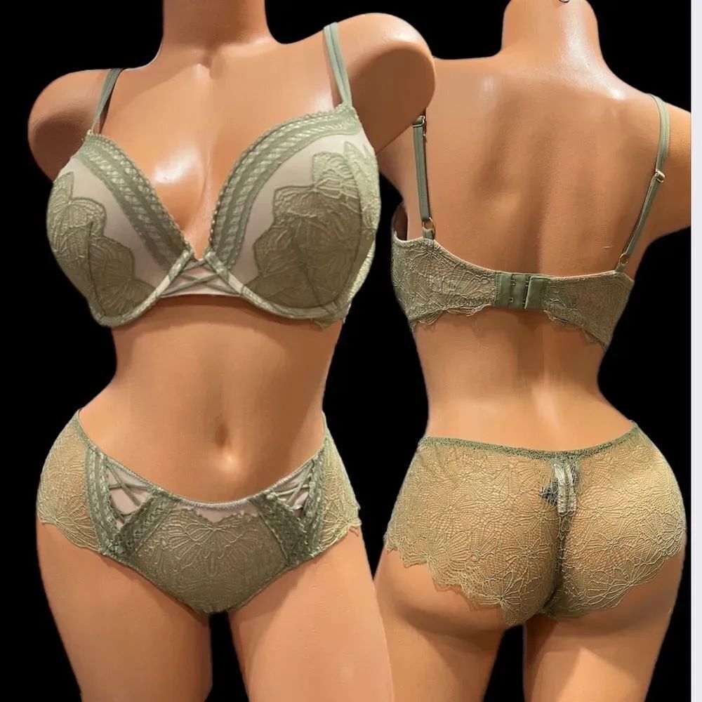 Victorias Secret set Very Sexy Push Up Padded lace mesh bra Cheeky panty 34DD/M